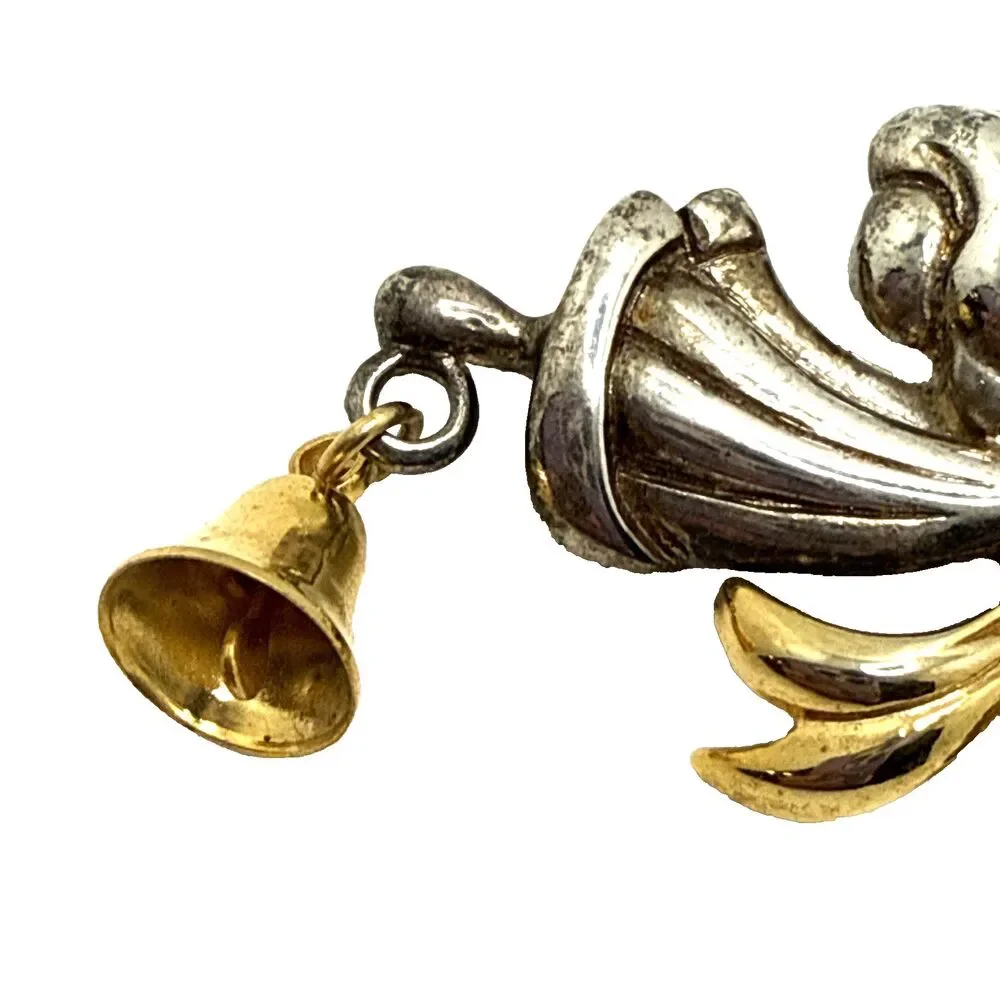 Vintage TONA Angel with Bell Brooch Silver Gold Tone Dangle Charm Pin 2